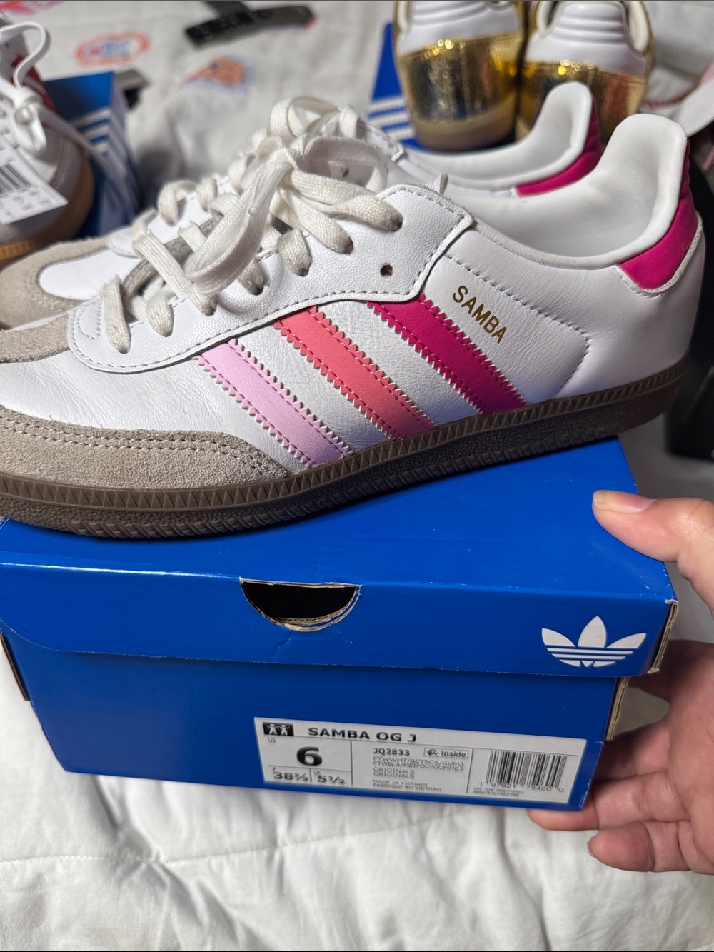 adidas Samba Originals J White Sneakers with Pink Gradient Stripes